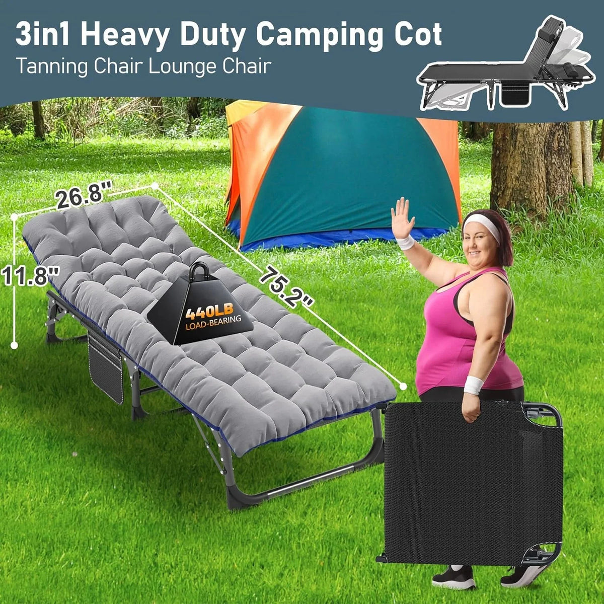 Slsy 5-Position Adjustable Folding Lounge Chair And Cot - 75.2" x 25.6" x 11.8"