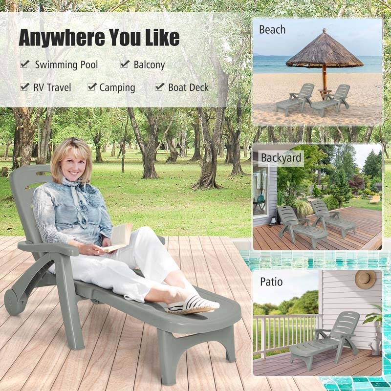 Rolling Folding Plastic Pool Lounge Chair With Armrests, 5 Position - Patio Deck Beach Chair