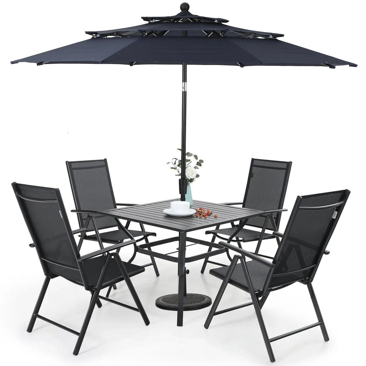 MAISON ARTS 6-Piece Patio Dining Set With 4 Adjustable Folding Chairs, Square Metal Table And 10ft Umbrella