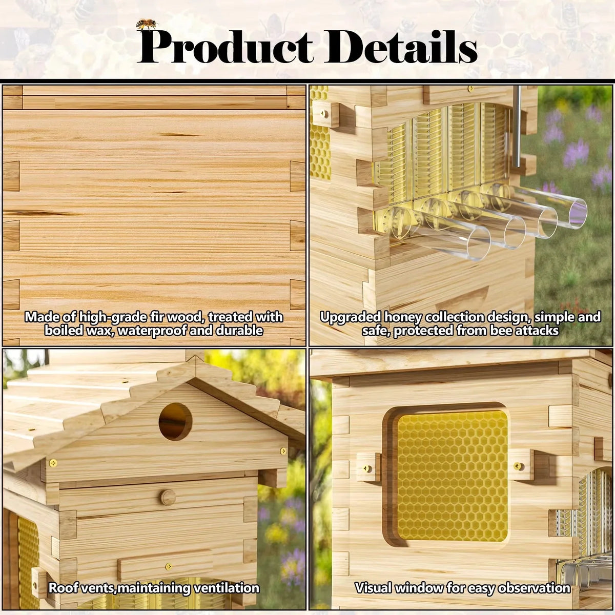 AUSHIVE Wax-Coated Cedarwood Beehive Kit With 4 Beehive Frames And 6 Brood Frames - Beige