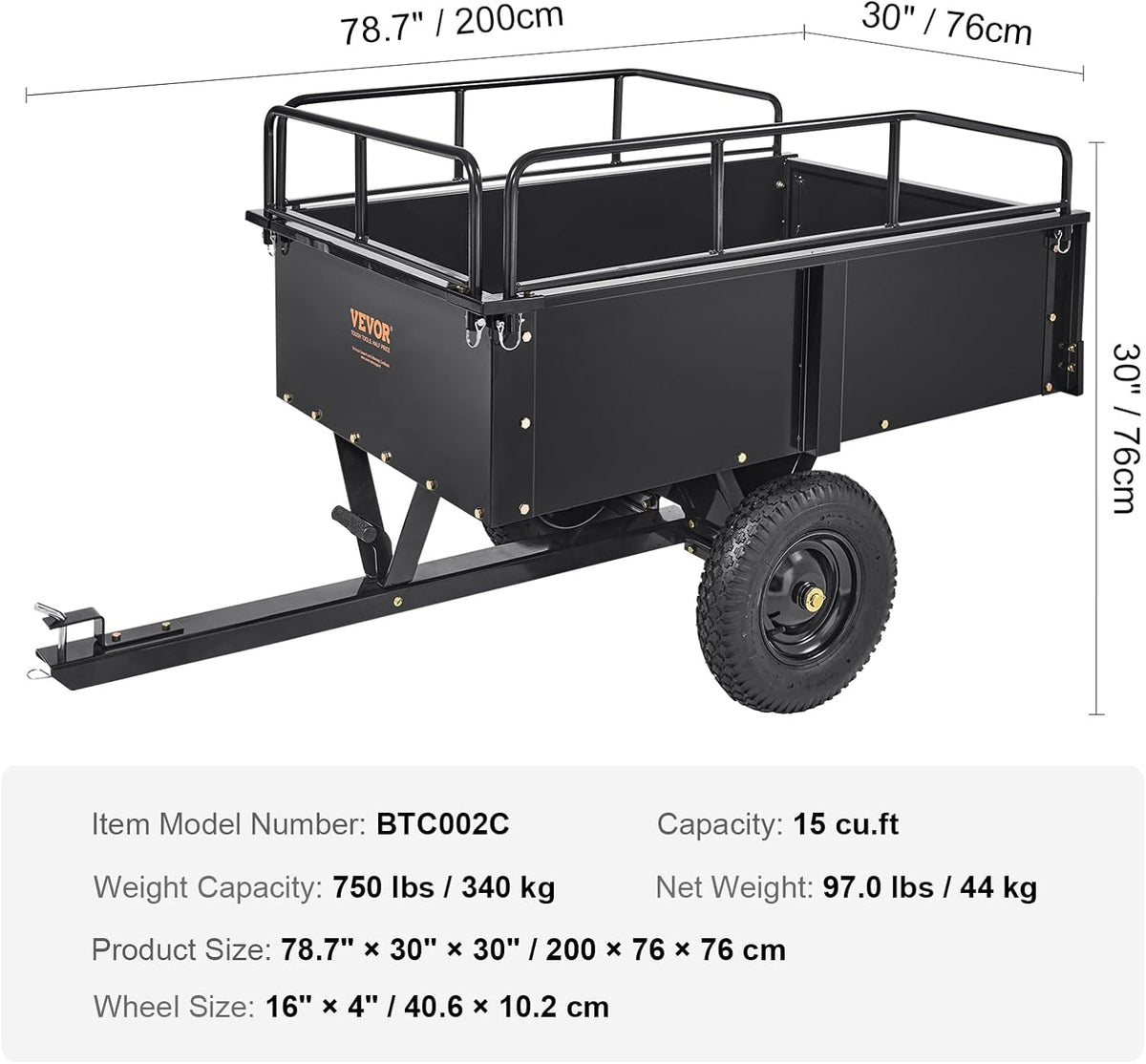 VEVOR Steel ATV Dump Cart, 750 lbs, 15 Cubic Feet - Garden Utility Trailer