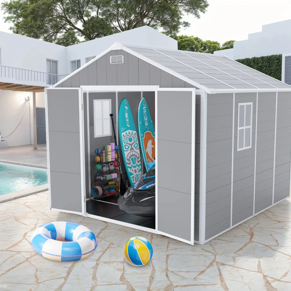 Seizeen Resin Outdoor Storage Shed With Floor, Light Gray, 82 in H