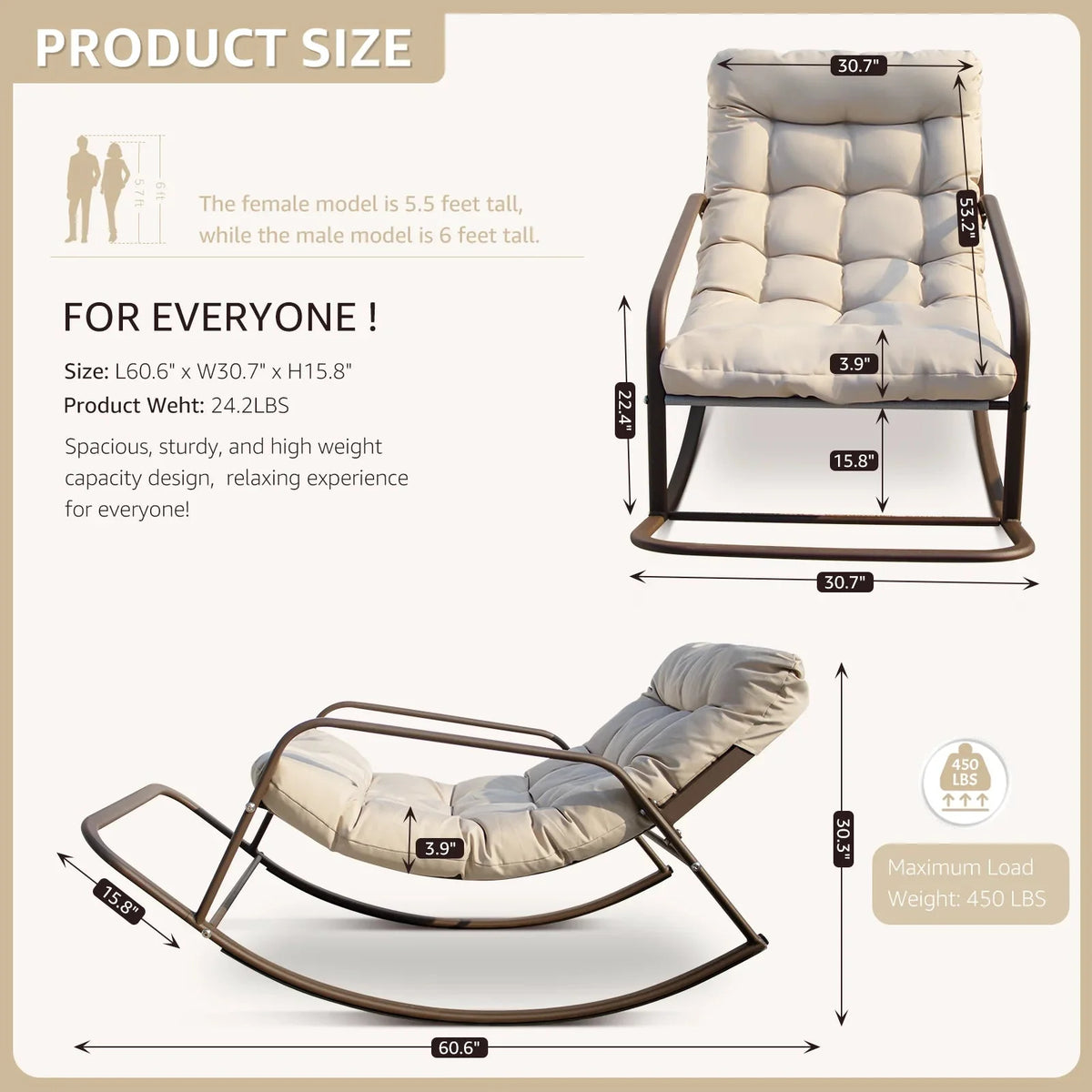 RADIATA Oversized Wicker Papasan Rocking Recliner With Footrest, 450 lbs, Beige