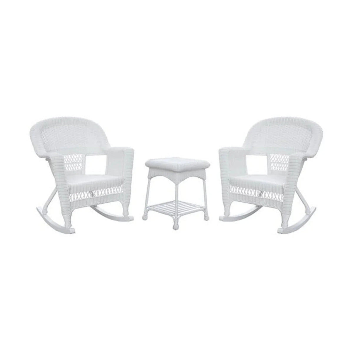 Jeco Resin Wicker Outdoor Patio Rocker Chair And End Table Set, 3-Piece, White