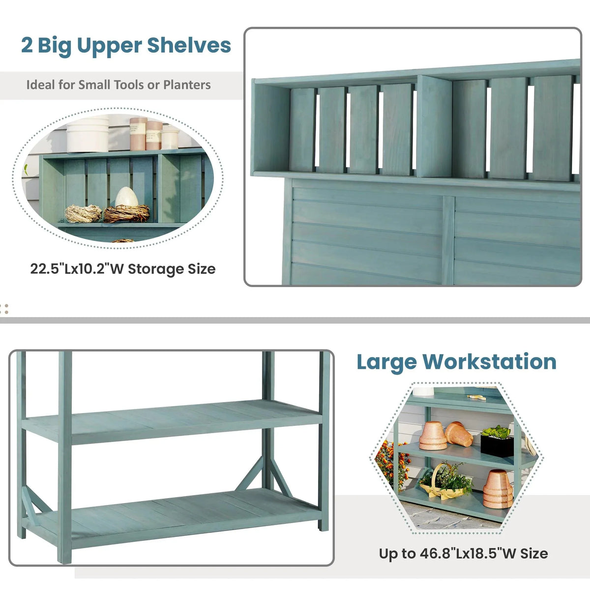 Wooden Outdoor Potting Bench Table With 4 Storage Shelves, Side Hook And Green Finish