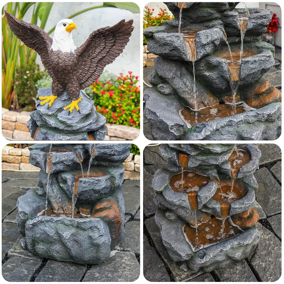 FountJoy Bald Eagle Outdoor Fountain With Tiered Cascading Rock Water Feature, 38.58 in Tall