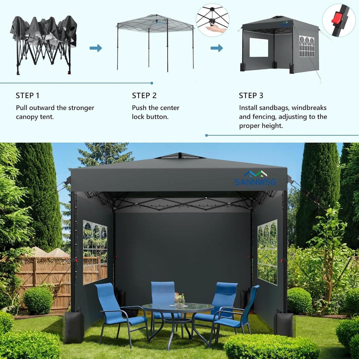 10x10 Commercial Pop-Up Canopy Tent With 3 Sidewalls - One Person Setup