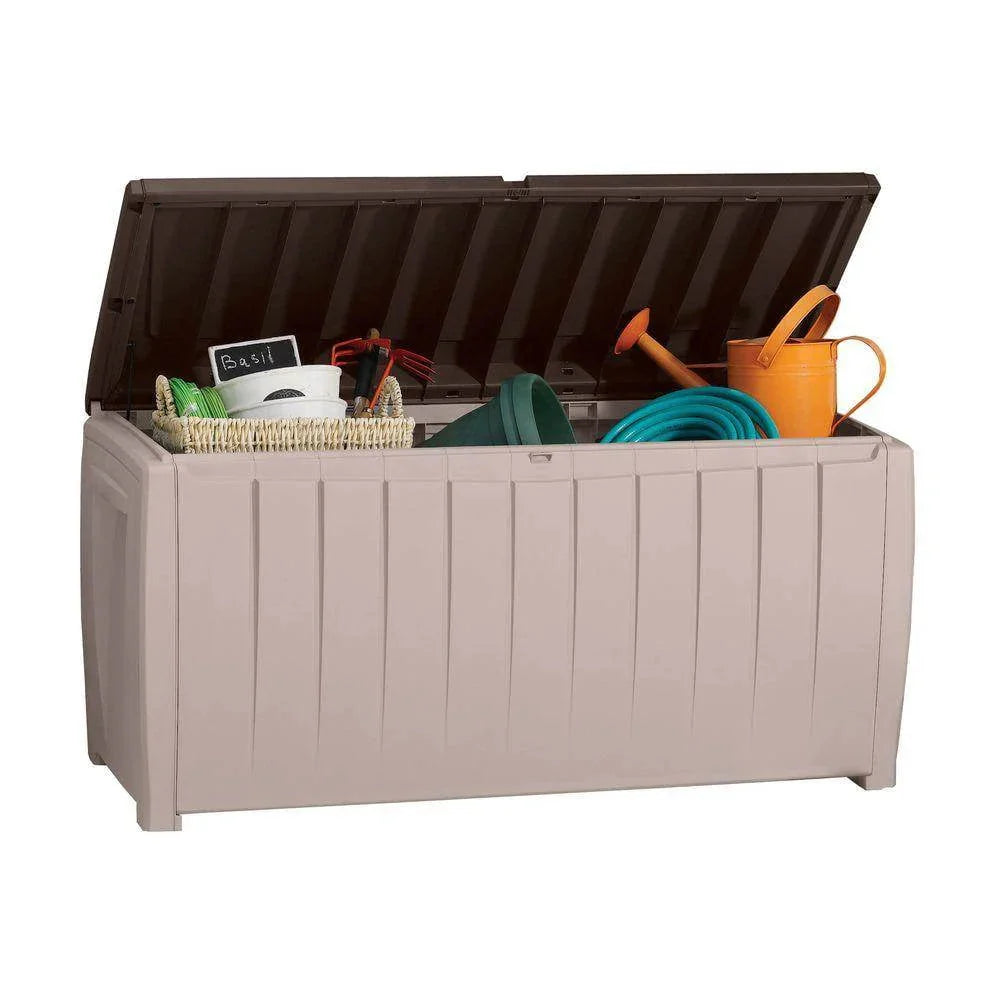 Keter Outdoor Patio Storage Deck Box And Bench, 90 Gallon, Weather Resistant Rattan Resin - Novel