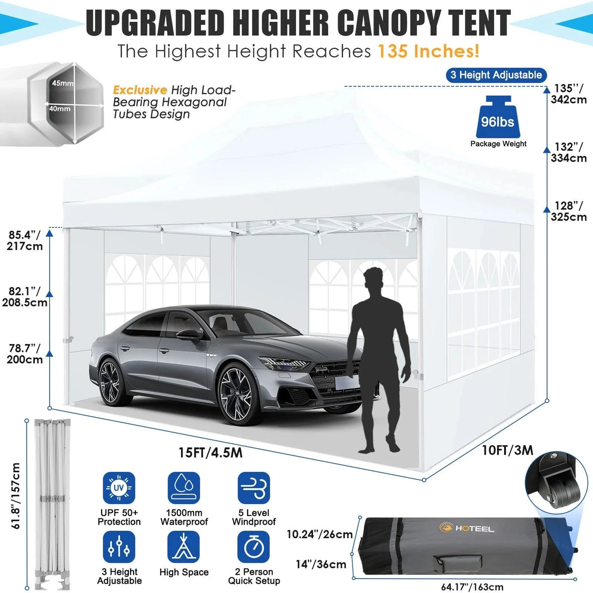 HOTEEL Heavy Duty Pop-Up Canopy Tent 10x15, 4 Sidewalls, Black