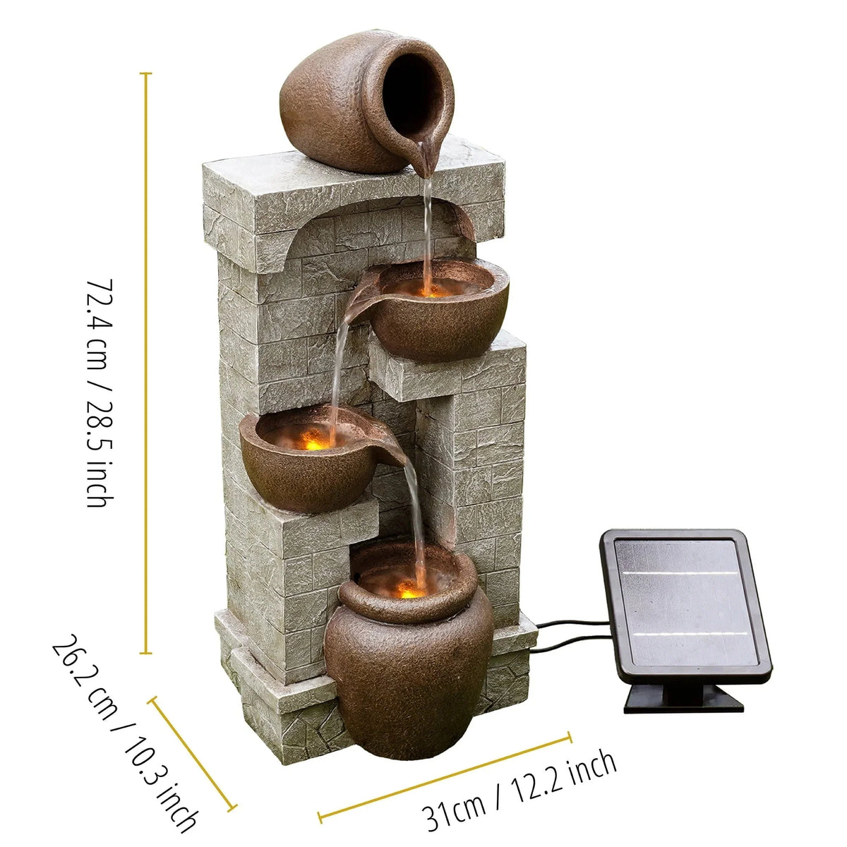 Teamson Home Solar Powered 4-Tier Cascading Bowls Garden Water Fountain With LED Lights, Brown, 28.5 in