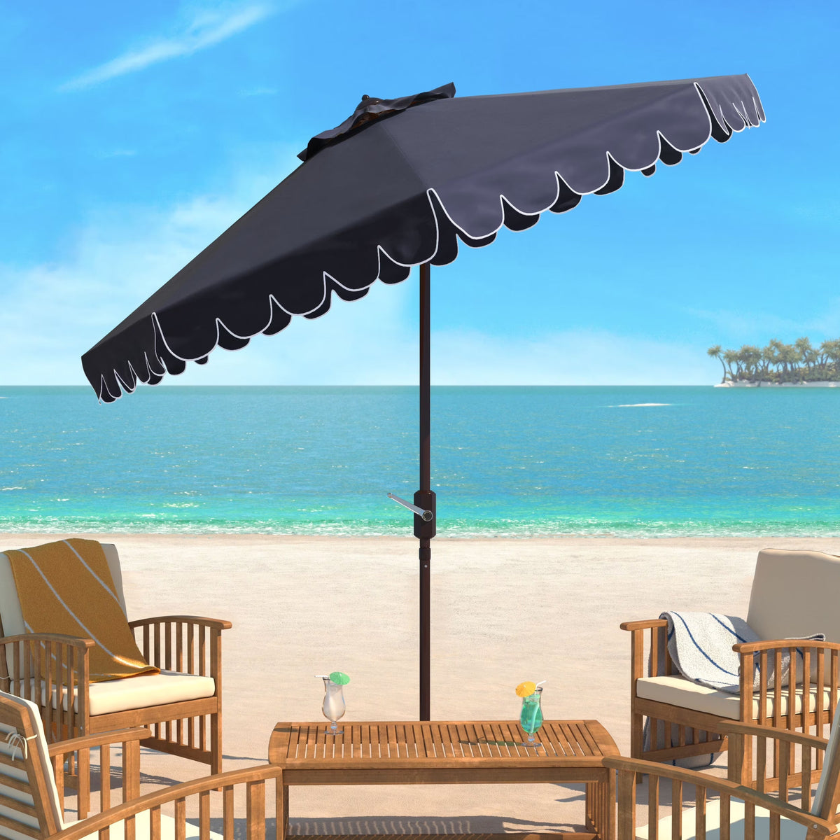 Safavieh Patio Umbrella 9' Crank Tilt Navy/White - Venice