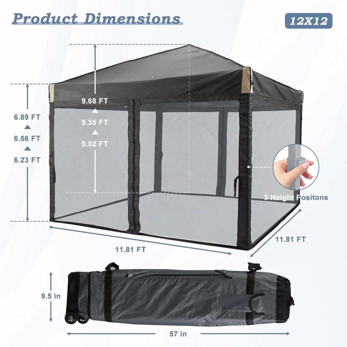 Aoodor Pop Up Canopy 12'x12' With Removable Mesh Sidewalls - Black