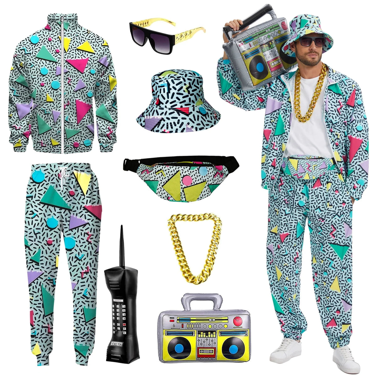 GYQMBT 80s 90s Men's Sportswear, Party Hip Hop Windbreaker 90s Disco Sportswear, 80s Adult Bizarre Costume 8 Piece Set