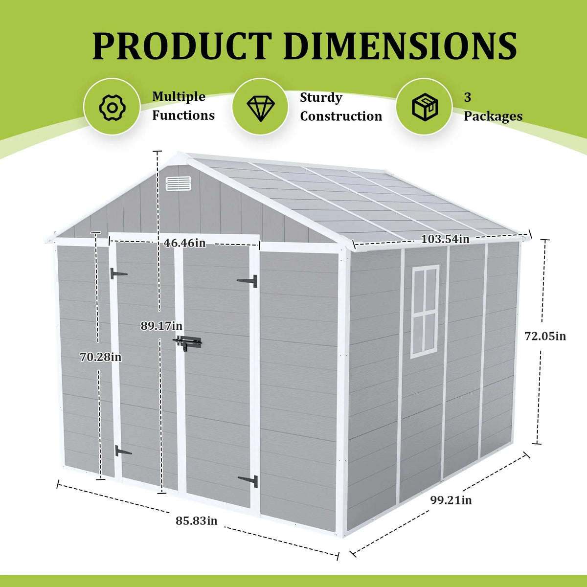 Seizeen Outdoor Resin Storage Shed, 41 Cu. Ft. / 306 Gal, Gray, 3 Doors With Floor
