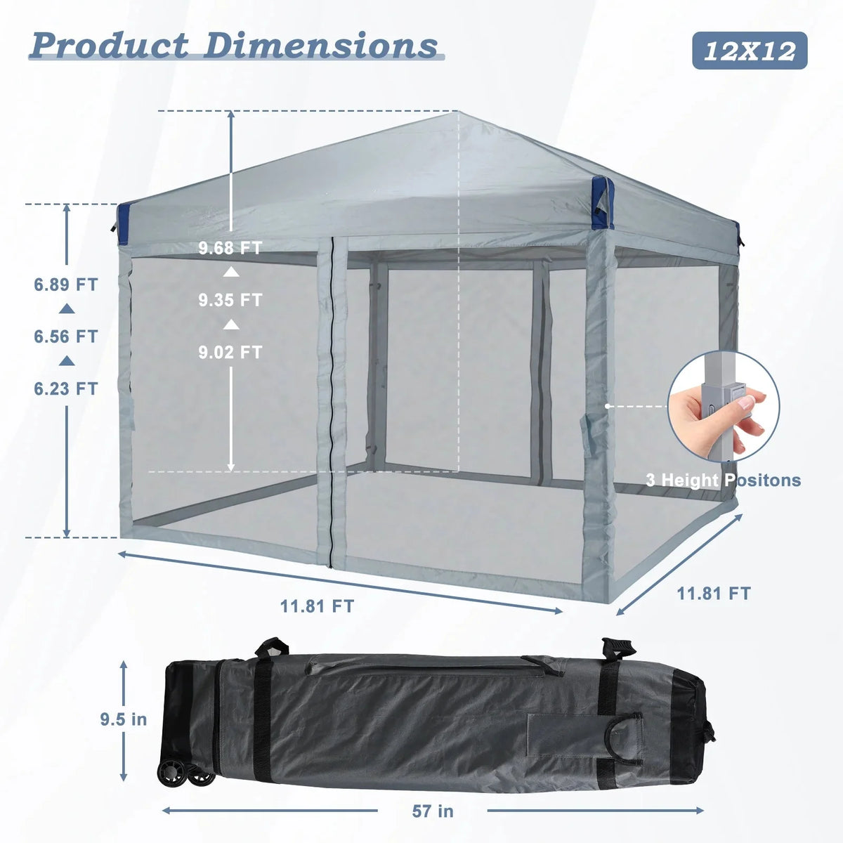 Aoodor Pop Up Canopy 12'x12' With Removable Mesh Sidewalls - Black
