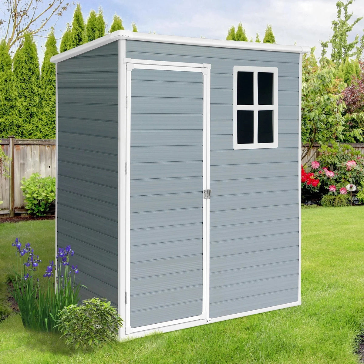 Seizeen Outdoor Resin Storage Shed, 41 Cu. Ft. / 306 Gal, Gray, 3 Doors With Floor