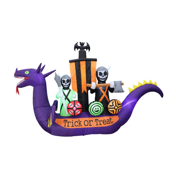 11 Foot Long Lighted Halloween Inflatable Dragon Pirate Ship with Skeleton Ghost Crew and Bat Indoor / Outdoor Holiday Blow Up Yard Decoration