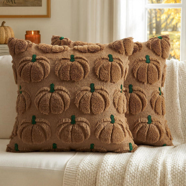 Fall Pumpkin Pillow Covers Fall Decor Dark Rust Green Stem 12x20 Decorative Autumn Harvest,Fall Decorations for Home,Set of 2,Soft Plush Faux Fur,Farmhouse Halloween Porch Coach Bedroom