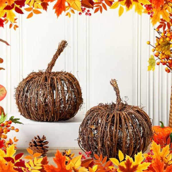 2 Pcs Artificial Wicker Rattan Pumpkin Fall Halloween Decorations For Table Centerpieces Decor For Autumn Harvest Thanksgiving Farmhouse Home Tabletop Decoration