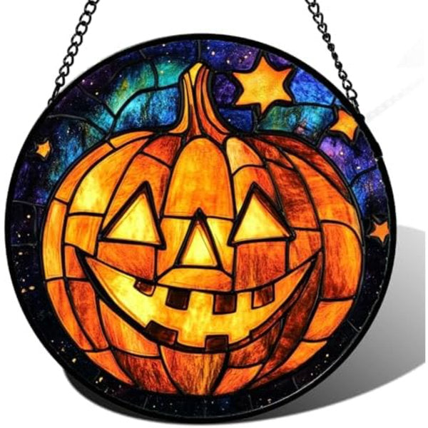 Stained Glass Window Hanging Halloween Horror Golden Pumpkin 6.3" - Suncatcher Door Garden Sunroom Gothic Style Sun Catcher Birthday For Friend Mom Men Woman Nana
