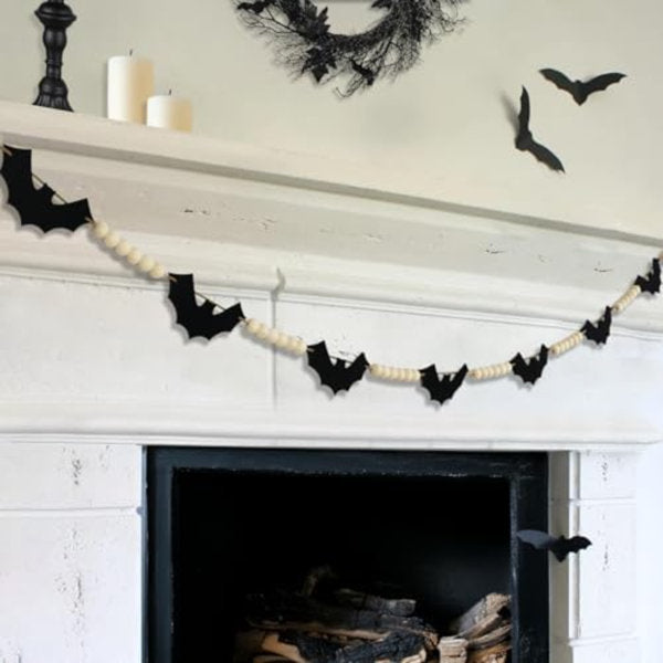 Halloween Garland Decorations - Adjustable Spooky Hanging Black Felt Bat Garland Fireplace Decor - Aesthetic Boho Wood Beads Mantel Banner For Home Room Indoor Farmhouse Office Wall Halloween Décor