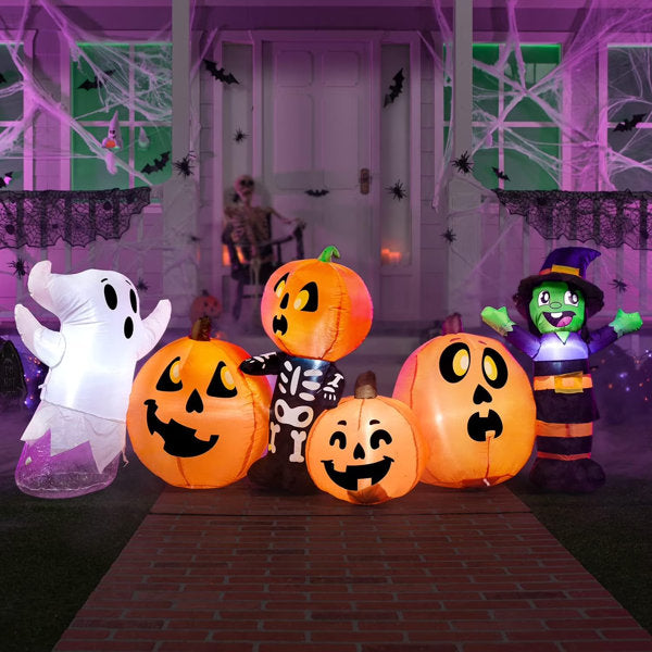 8 ft Long Halloween Inflatables Outdoor Decorations, Halloween Blow Ups for Yard Inflatable Pumpkin Patch and Three Halloween Characters with Build-in LEDs for Outdoor Halloween Decor