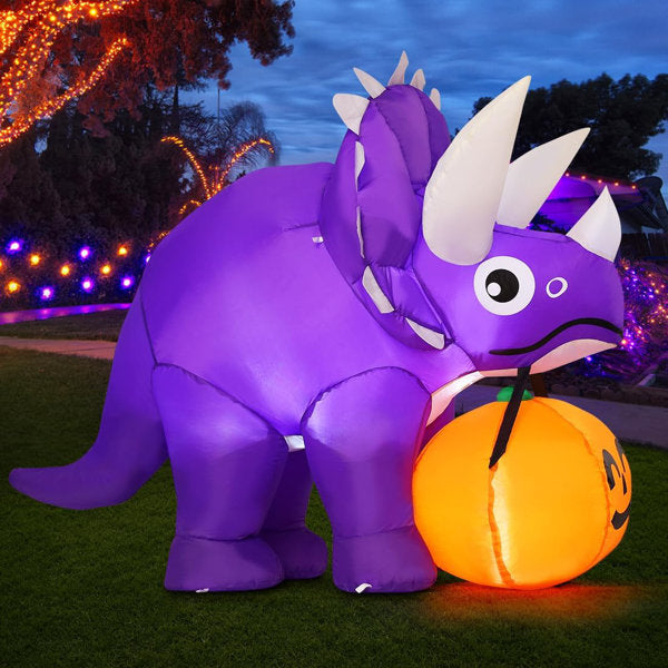 5 FT LED-Lit Halloween Inflatable Triceratops Dinosaur with Pumpkin in Mouth