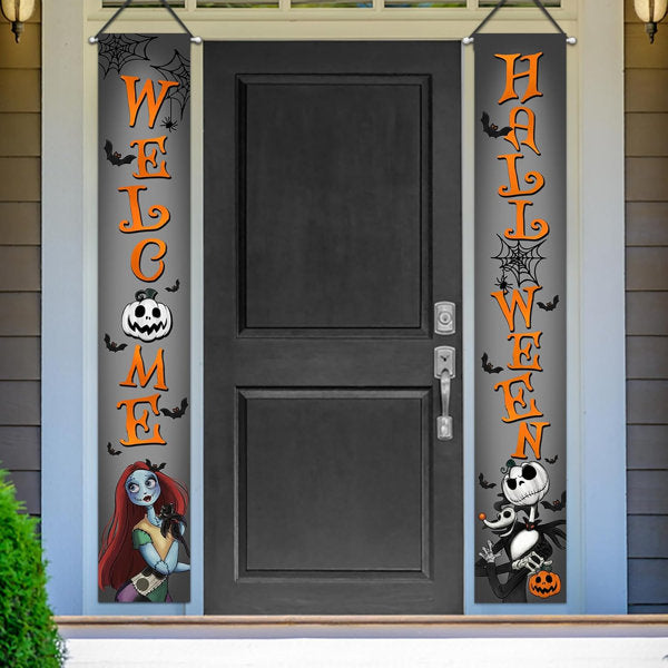 Welcome Halloween Jack Skellington Porch Banner Sign, Spooky Sally Jack O Lantern Pumpkin Front Door Decorative Banner, Funny Spider Web Bat Holiday Party Decoration Home Outdoor Yard Decor