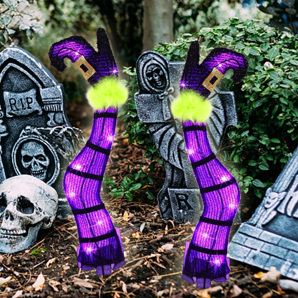 Set Of 2 Halloween Lighted Wicked Witch Legs Stake With Bats, 22" Light Up Tinsel Halloween Yard Sign Prop, Timer And 8 Mode, Battery Operated For Outdoor Party Haunted House Garden Decor