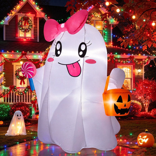 5FT Halloween Inflatable Ghost With Pumpkin - Built-In Bright LED Lights, Outdoor Yard Decoration For Garden, Lawn And Indoor Party Holiday