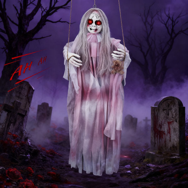 Halloween Animatronic Hanging Girl Ghost - Sound & Sensor Activated With Swinging Motion, Light Up Eyes & Creepy Expressions, Spooky Indoor Outdoor Halloween Decor Prop
