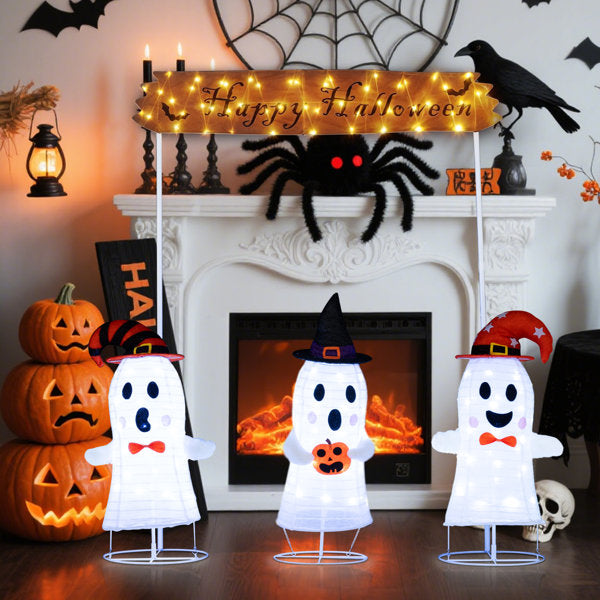 4 Pcs Halloween Decoration with Gate, Happy Halloween Sign, 170 LED Lights for Yard