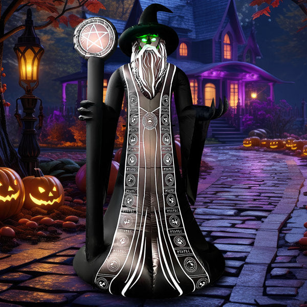 8 FT Halloween Inflatable Wizard with Magic Staff & LED Lights