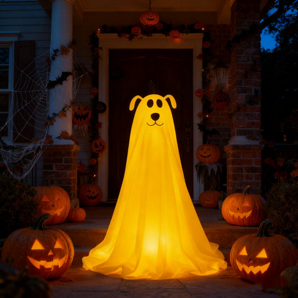 Halloween Light-Up Freestanding Spooky Ghost Dog - Battery Operated With Remote String Lights, Ideal For Front Door, Porch, Yard Lawn & Home Party Decor