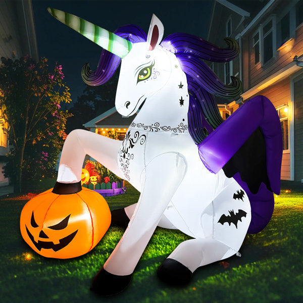 5.9 FT Halloween Inflatable Unicorn Stepping on Pumpkin with Built-in LED Lights