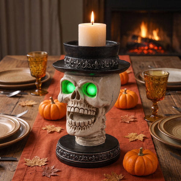 Halloween Skeleton Candelabra with Glowing Green Eyes
