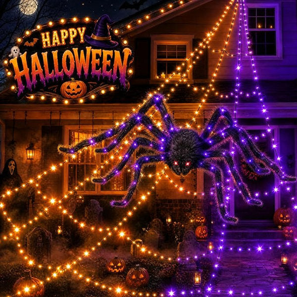 550 LEDs Halloween Spider Web Lights Outdoor with Glowing Spider, 11 Lighting Modes, Waterproof 2-Color Purple/Orange, Plug-In with Remote Control & Timer, Cobweb Garden Yard Party Decor
