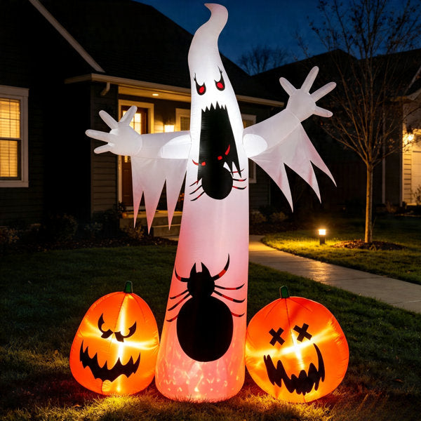 135" Large Halloween Inflatable Ghost with Black Spider & LED Lighted Pumpkin Lantern, Outdoor Yard Decor for Lawn, Garden & Halloween Party