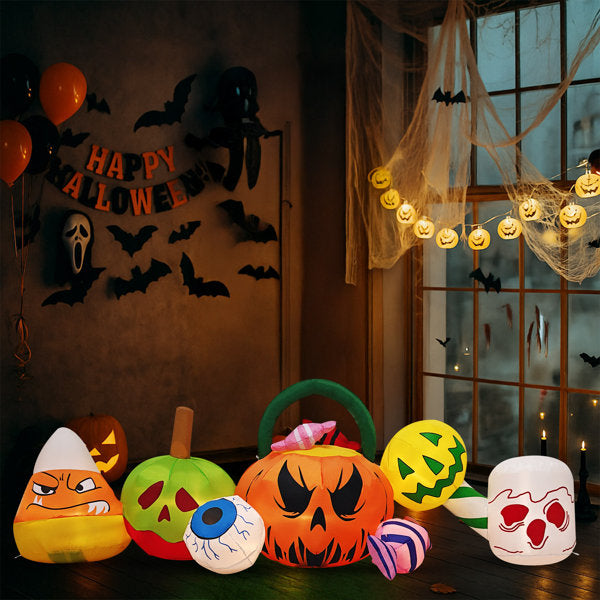 2.35FT H x 8.04FT W Halloween Inflatable Pumpkin Ghost Scene with Eyeballs & Candy, 7 Warm White LED Lighted Blow Up Yard Decoration for Indoor Outdoor Lawn Garden Decor