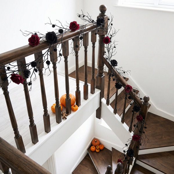 68.9 Inch Halloween Black Twig Garland, Artificial Hanging Vine with Black & Burgundy Roses and Pine Cones for Mantel Wall Fireplace Gothic Home Decor