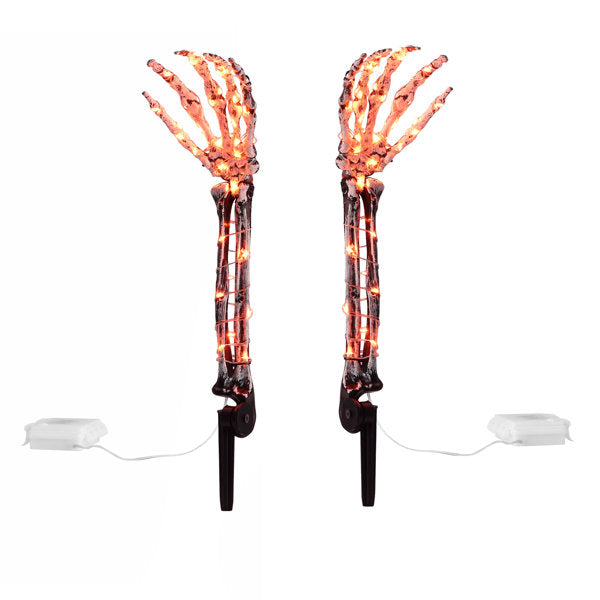 Halloween Skeleton Hand Stake Lights for Outdoor Yard and Pathway Decor, Set of 2 Orange LED Hands, 40 LEDs per Hand, Battery Operated, 8 Lighting Modes, IP44 Water-Resistant