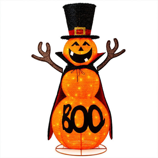 5FT Halloween Pumpkin Decorations Outdoor, 90 LED Pre-Lit Pop-Up Halloween Pumpkin Giant Collapsible Jack-o'-lantern Cute Pumpkin Decor with Cloak & Magic Hat for Outdoor, Yard, Porch