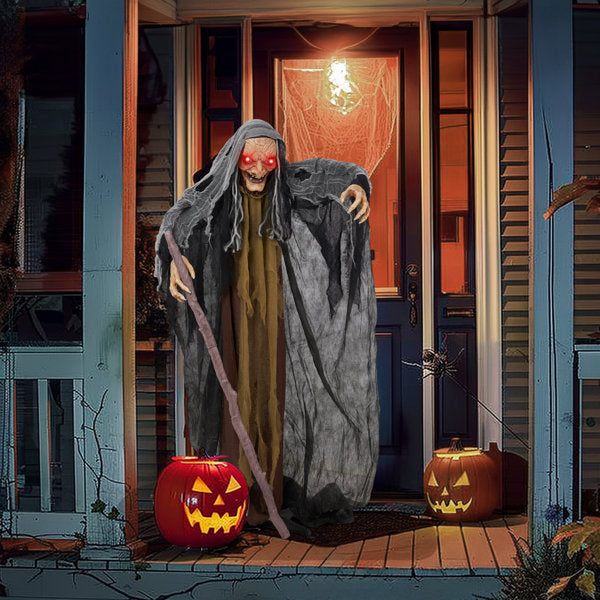 5.3 FT Animated Halloween Witch Decoration with Crutch, LED Light-Up Eyes, Sound & Swaying Motion, Indoor Outdoor Yard Haunted House Prop