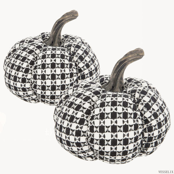 Set of 2 Fabric Black-White Plaid Pumpkin Decor, 7x7x6.7 Inch for Halloween