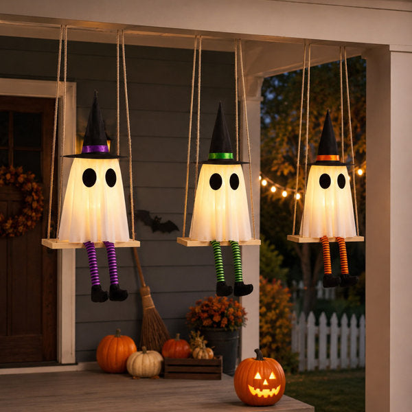 Set of 3 Halloween Swinging Ghost Witch Decorations with Lights