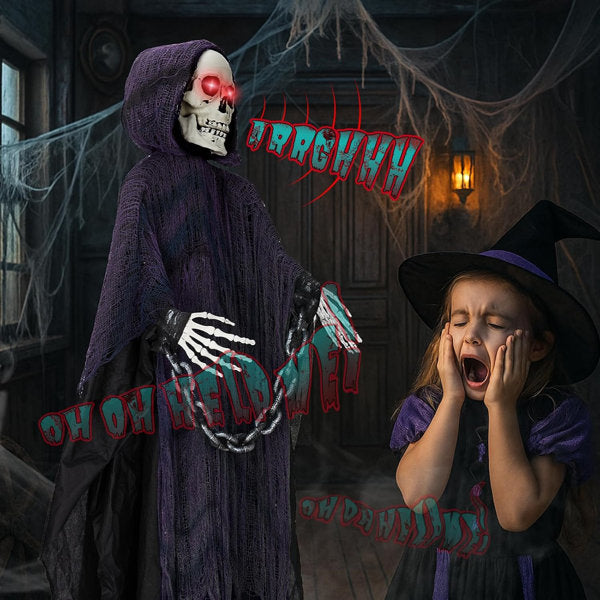 Halloween Animatronic Grim Reaper 6ft Life-Size Decoration, Sound-Activated Moving Prop with Glowing Eyes & Creepy Voice for Haunted House, Yard & Party
