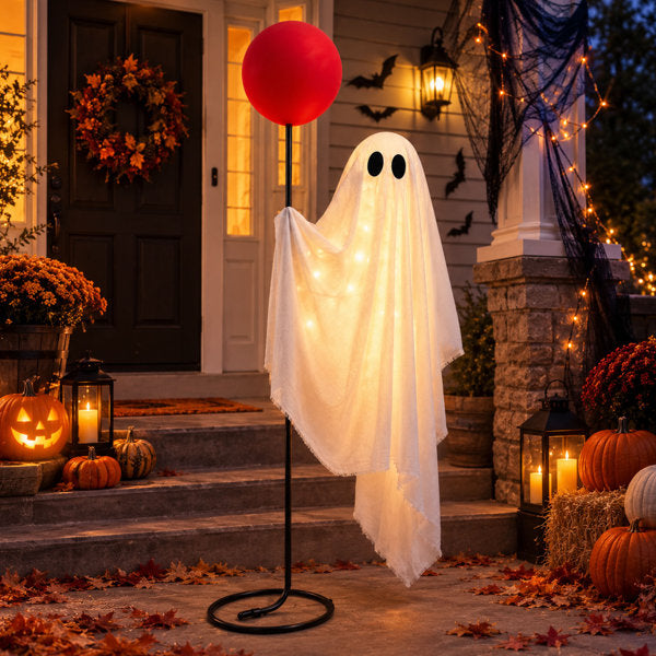 6 FT Light-Up Standing Halloween Ghost, Red Balloon and Metal Stand
