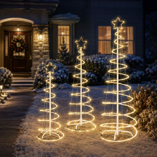 3 Piece Lighted Christmas Spiral Tree Set with Stakes, 3, 4, and 5 Ft