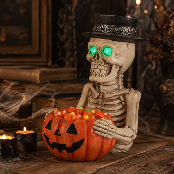 Lighted Skeleton Halloween Tabletop Decor with Green LED Eyes, Resin Candy Bowl Holder for Mantel, Entryway, Shelf and Party