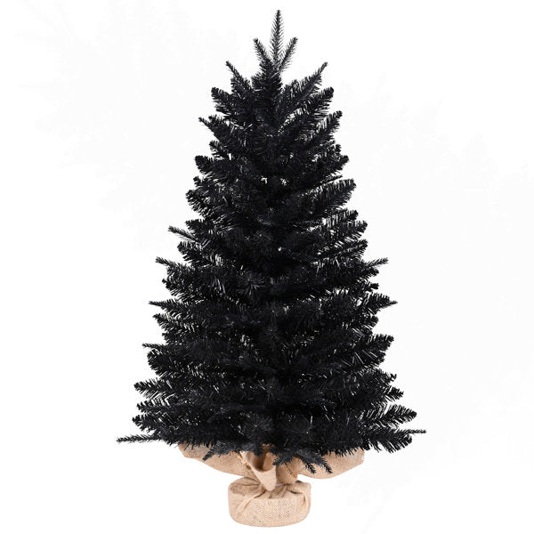 2ft Black PE PVC Artificial Christmas Tree, 159 Tips, 17 Inch Diameter, Cement Burlap Base, Tabletop Decor for Halloween & Christmas